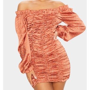 Polka Dot Balloon Sleeve Ruched Bodycon Dress